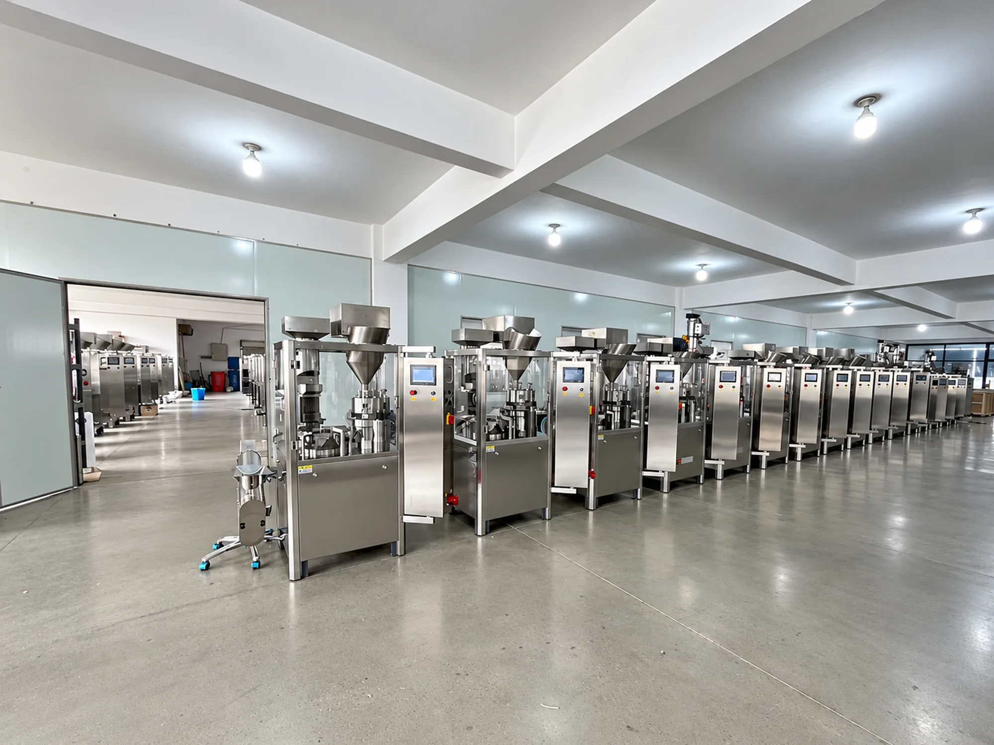 Automatic capsule fillers lined up in the assembly hall